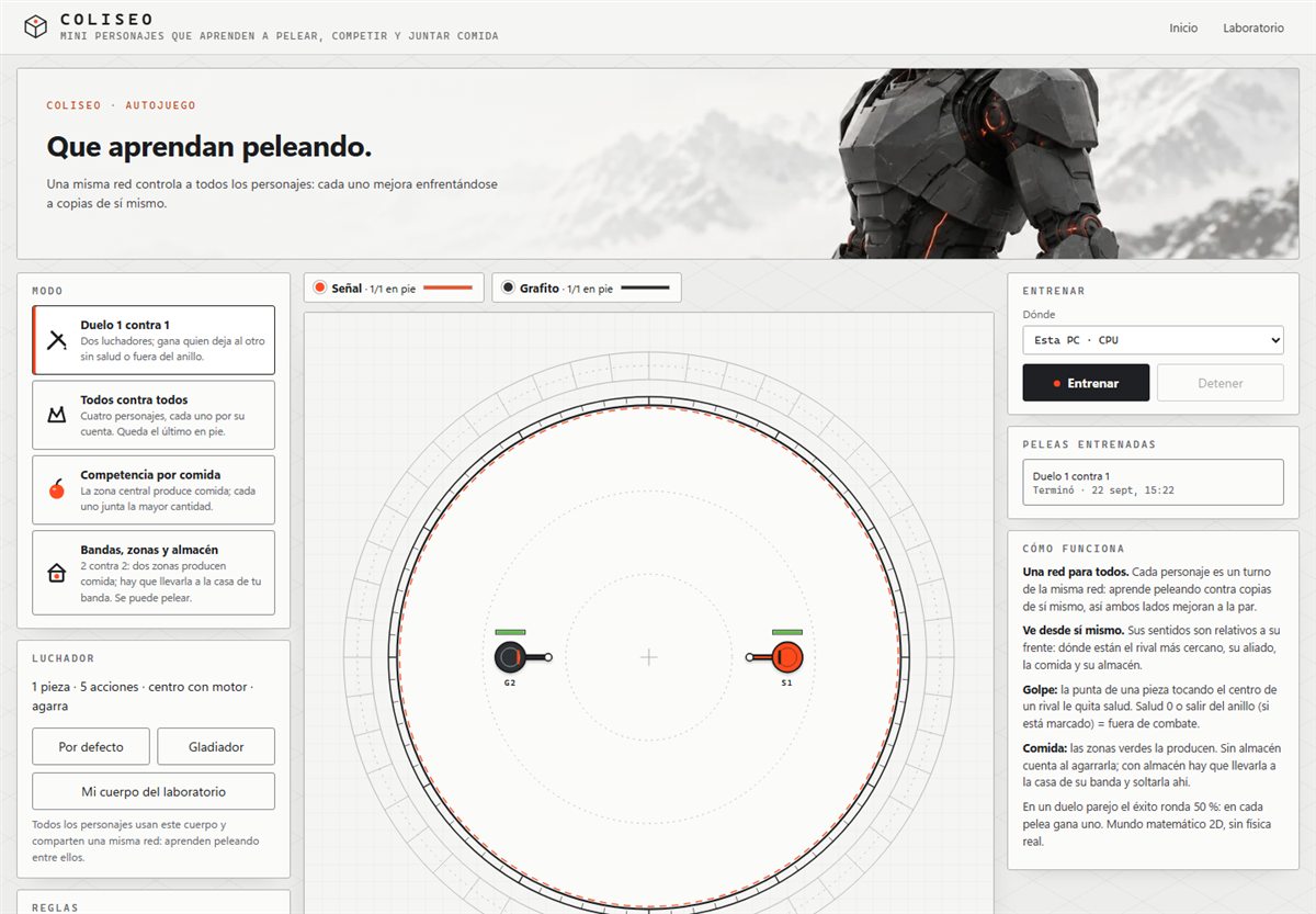 Coliseo: selector de modo, anillo con dos luchadores enfrentados y panel de entrenamiento