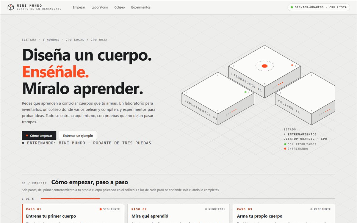 Portada del Mini mundo: tres módulos como cajas isométricas