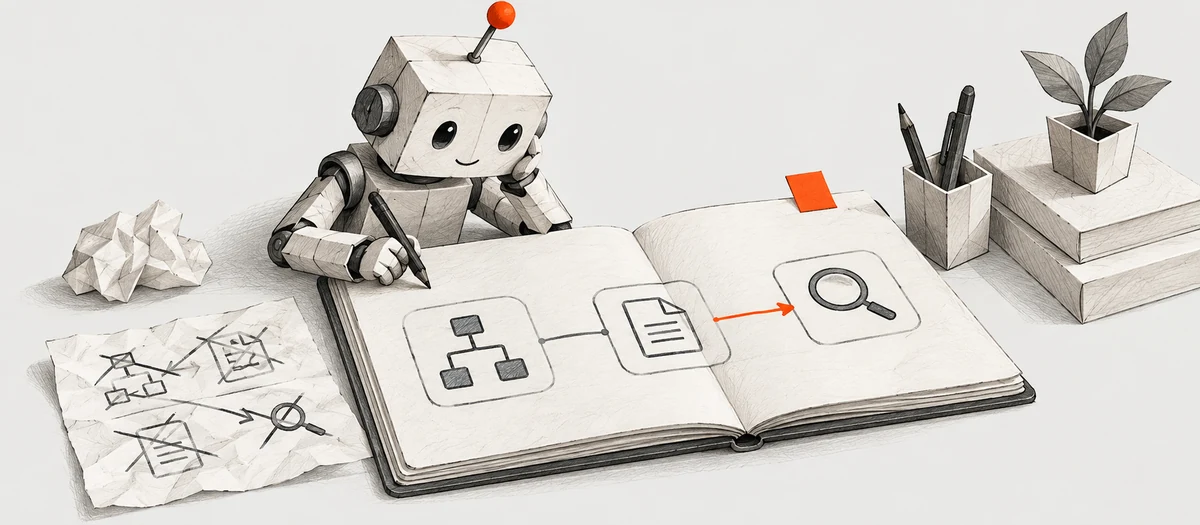 Ilustración: un robot de papel anota el proceso en un cuaderno y lo revisa con lupa